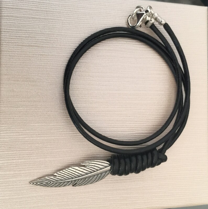 Mens Jewelry Men/'s Feather Jewelry -Gift For Him Men/'s Necklace Black Leather Wire Necklace With Feather Pendant