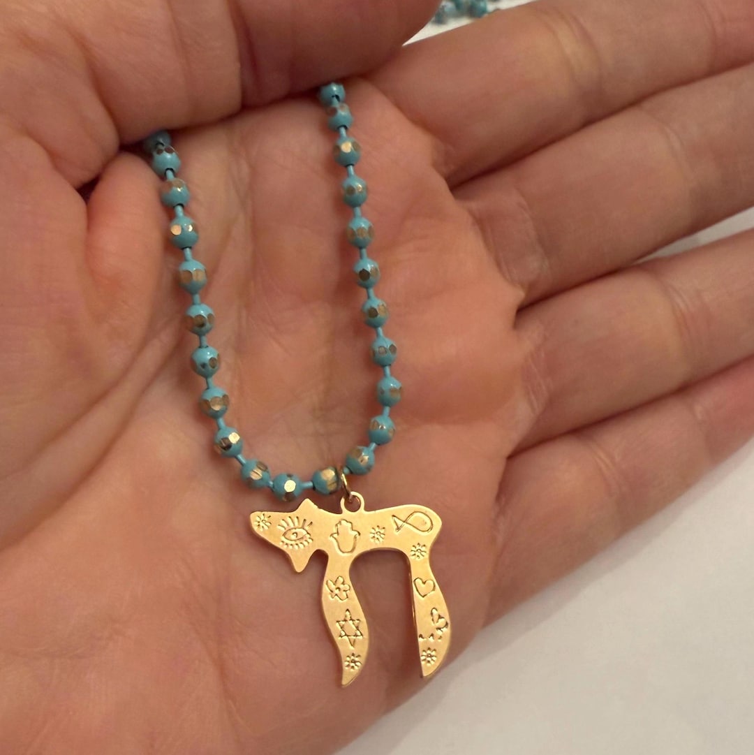 Gold Plated Chai Necklace - Jewish Symbol Pendant, Beaded Chain - Etsy