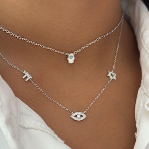 Star of David Necklace, Silver Chai Necklace, Evil Eye Necklace, 3 Pendants Jewish sterling silver 925 Judaica Necklace, CZ Pendants
