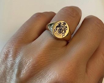 Engraved Coat of Arms Signet Ring, 18k Gold Plate Family Crest