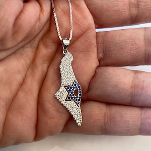 Collar de plata de Israel, colgante de circonita cúbica de Israel, joyería judía, colgante de mapa de plata esterlina con circonitas, estrella de David azul y blanca