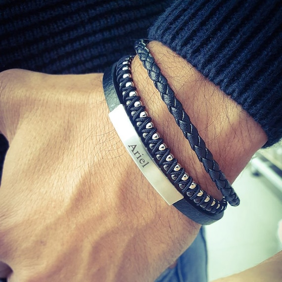 Personalized Leather Engraved Bracelet, Braided Black Bracelet, Stainless  Steel Bracelet, Engrave Initials, Name Phrase, Custom Men Bracelet