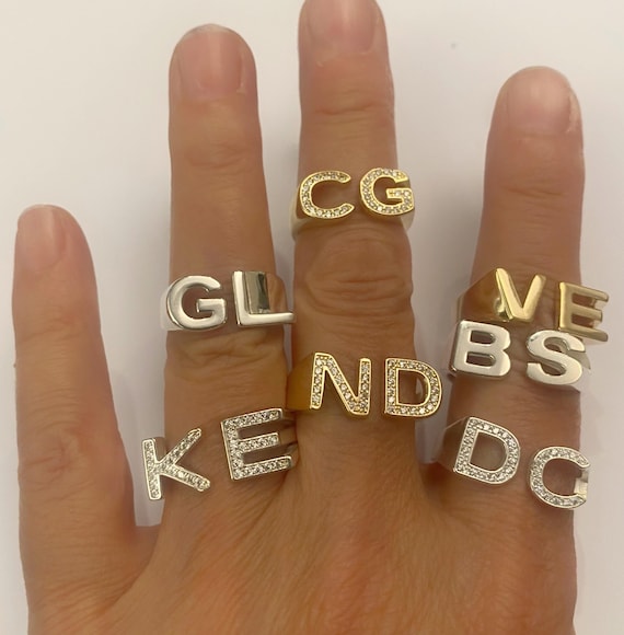 Block Letter Initial Ring Sterling Silver 925 2 Letters Customized Handmade Jewelry Block Letters Name Ring Personalized Initials
