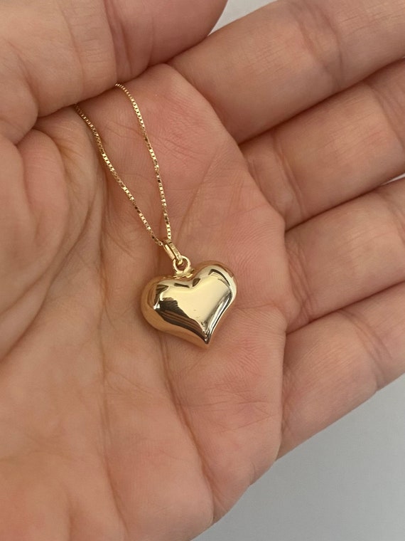Gold Heart Necklace 14K Gold Heart Pendant Shiny Puffed Heart Charm Love necklace Small Puffy Gold Heart