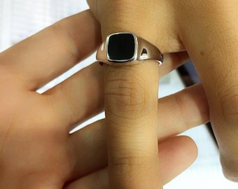 Black Onyx Square Signet Ring, Sterling Silver or Gold Plated