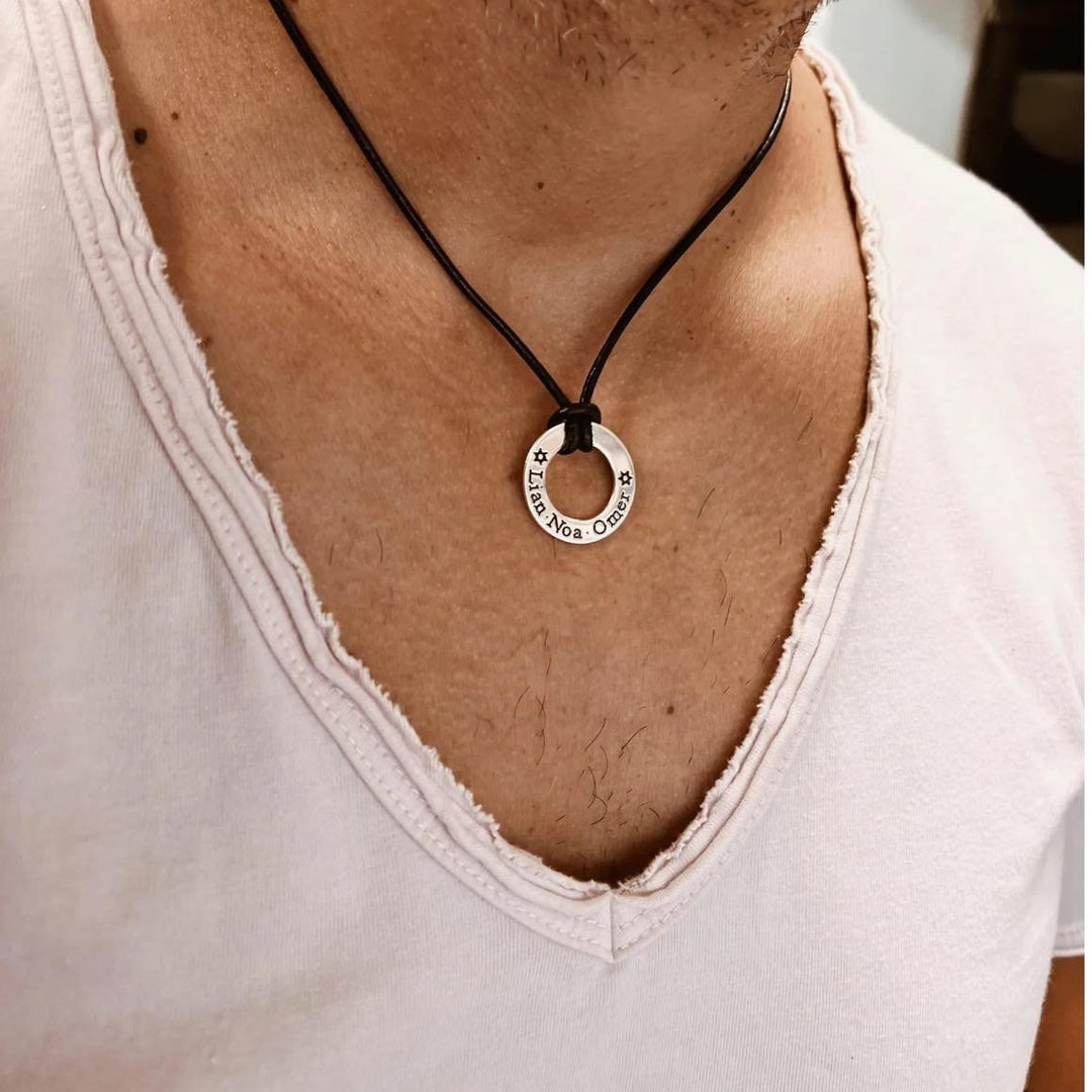 Buy Men's Necklace, Black Leather Wire Necklace, Names Circle Pendant,  Men's Jewelry, Gift for Him, Karma Necklace for Men, Silver Round Circle  Online