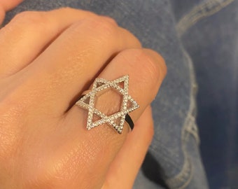 Sterling Silver Star of David Ring, Cubic Zirconia Jewish Jewelry