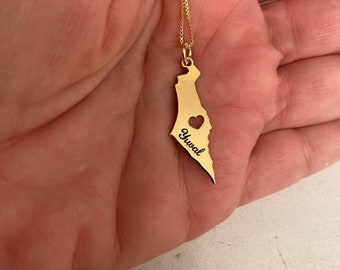 Graverat halsband med Israelkarta, hänge med ihåligt hjärta, judiska smycken