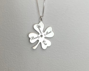Four Leaf Clover with Personalized Names Necklace, Gift for Mother's Day, Custom Family Necklace, Gold/Sterling Silver, Heart Lucky Pendant