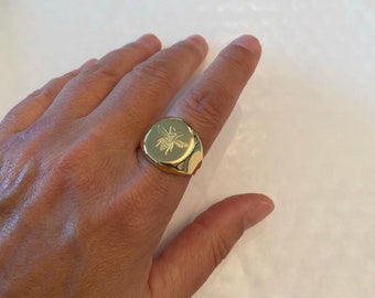 Gouden bijenzegelring, sterlingzilver, gegraveerde bij