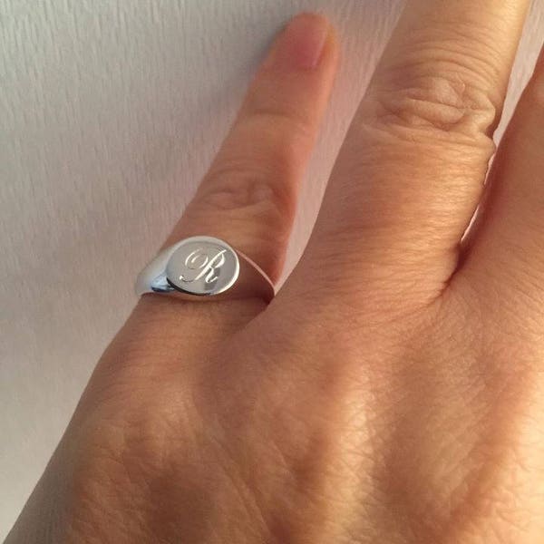 Engraved Sterling Silver Signet Ring, Personalized Initial Pinky Ring