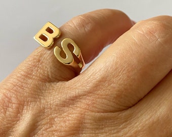 Pinky Ring, 2 Initial Ring, Personalized Handmade Rings, Unisex Ring, Gold Open Ring, Statement Custom Ring, Personalized Letter Rings