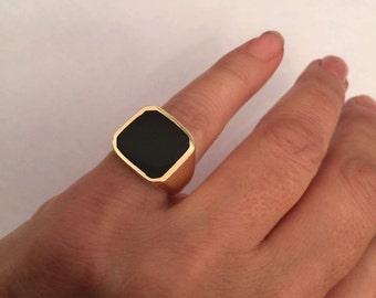 Onyx Ring, Signet Ring, Black Onyx Ring, Men ring, Gold Signet Ring, Black square Signet Ring, Man Pinky, Big Size 9 10 11 12 13 14