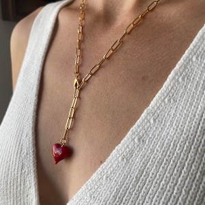 Red Heart Necklace, Tie Chain Necklace with Heart, Gourmet, Gold Link Chain, Romantic Gift Jewelry, Red Enamel Heart, Puffy Heart Necklace
