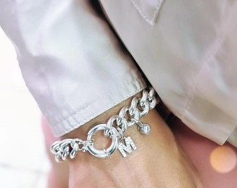 Silver Chain Bracelet, Chunky Chain Link Bracelet, Personalized Initial Bracelet, Thick Cuban Chain Bracelet, Bangle Chunky Chain Bracelet