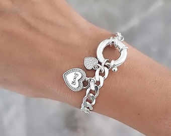 Silver 925 Heart Bracelet, Engraved Pendant, Personalized Hearts Charm, Custom Jewelry, Cuban Link Bracelet, Gift for Woman, Wife, Girl
