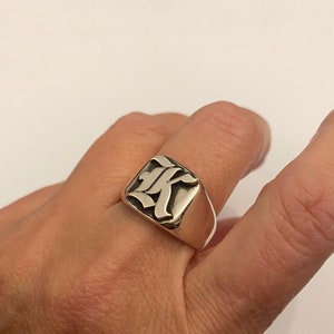 Engraved Signet Ring, A-Z Initial Ring, Gothic Letter, Custom Silver Ring, Personalized Rings, Square Seal, Monogram Ring, Old English Ring