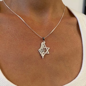 Collier Chai Am Israel, carte d'Israël, pendentif étoile de David, collier Israël en argent sterling, bijoux Israël, forme Israël, étoile juive