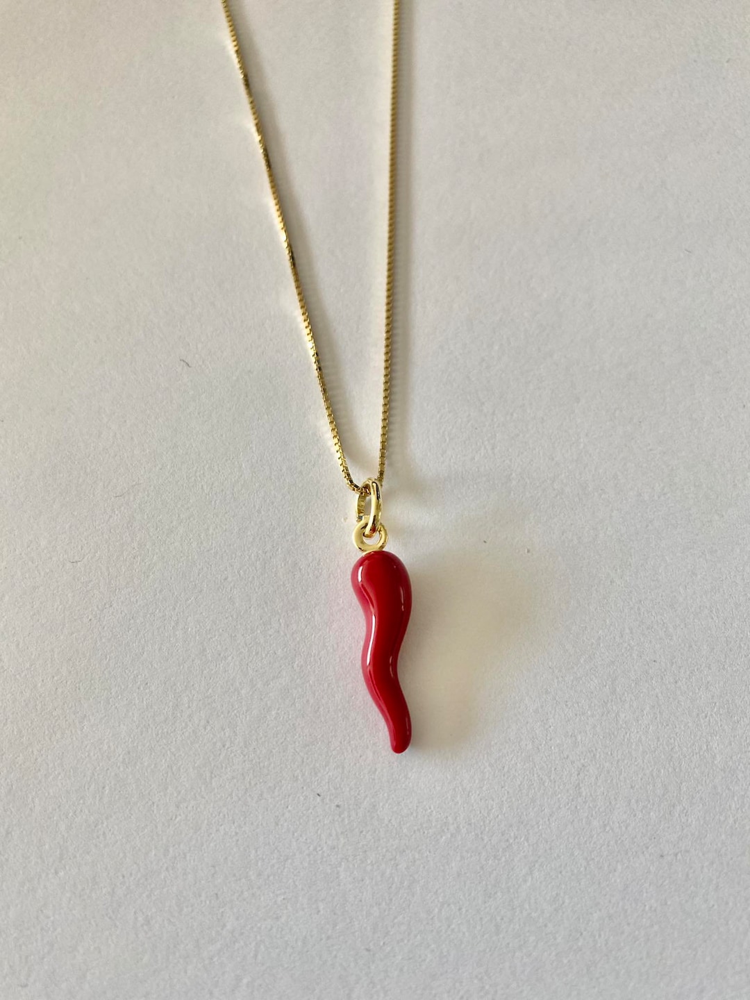 Red Pepper Necklace, Red Enamel Pepper Pendant, Puffy Italian Horn Red