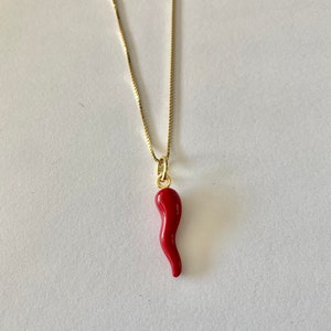 Red Pepper Necklace, Red Enamel Pepper Pendant, Puffy Italian Horn Red Necklace, Good Luck Necklace, Red Lucky Charm Necklace,