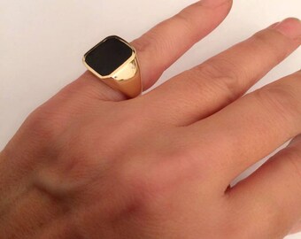 Bague en onyx noir, Chevalière, Bague femme, Bague homme, Bague en pierre noire, Bague Pinky, Bague Signet, Bague carrée noire, Bague de fiançailles en onyx noir