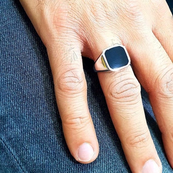 Mens Stainless Steel Black Onyx Classic Ring – Gold Plated, 316L, Square Brilliant Cut – Sizes 8–13