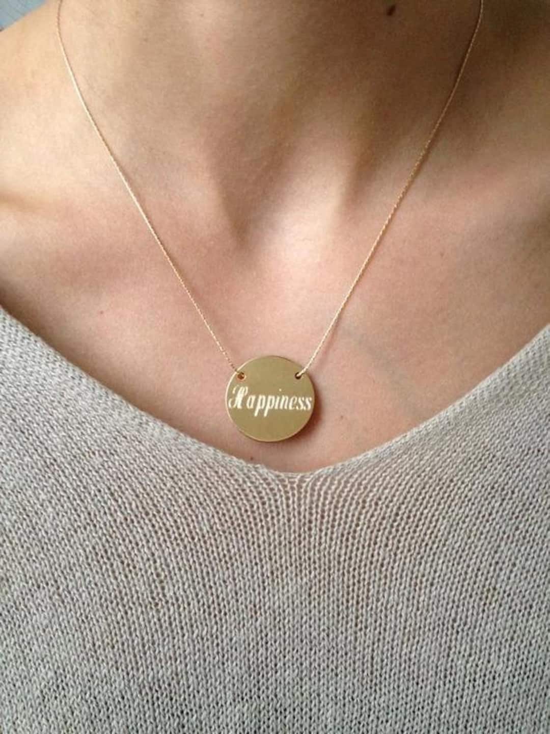 Gold Disc Necklace, Engraved Disc Necklace, Gold 14k Name Tag Necklace