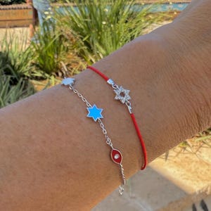 Sterling Silver Bracelet, Hamsa, Star of David and Eye Charm, Kabbalah Jewish Gift for Protection & Blessing,  Red string Bracelet