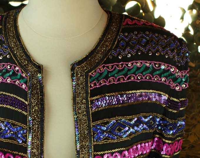 Vintage Embellished Multicolor Striped Jacket