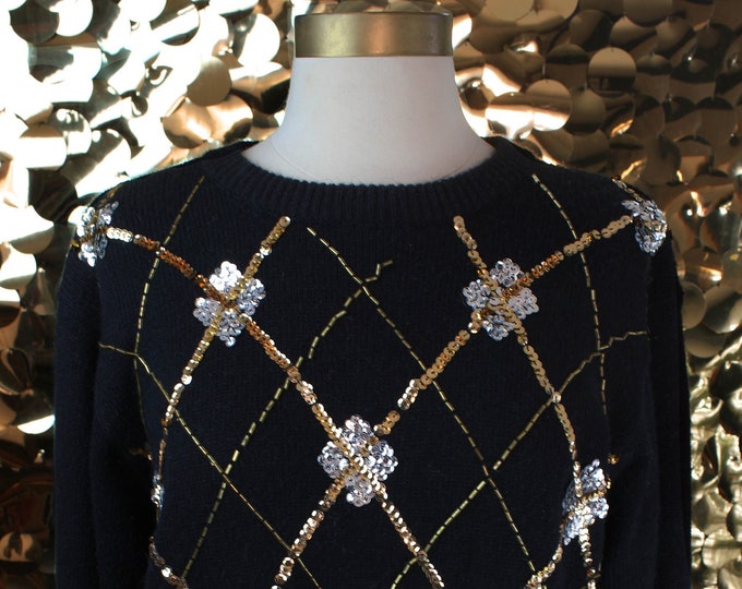 NEW Gold+Silver+Black Alfred Dunner Argyle Sequin Sweater