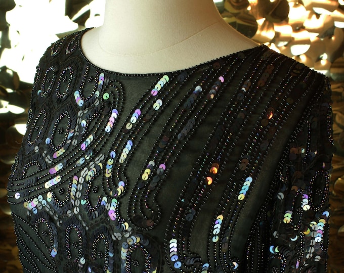 Vintage Black Iridescent Long Sleeve Embellished Gown