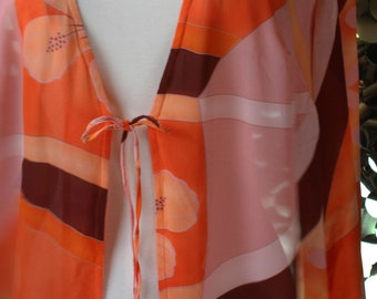 90s 00s Vintage Ashley Stewart Tangerine Peach Brown Floral Geometric Long Sleeve Kimono/ Glam Orange Pool Beach Duster/ Robe Coverup