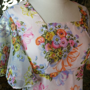 GROOVY 70s Vintage Soft Pink Empire Waist Floral Flutter Sleeve Maxi Gown/ VTG/ Glam Long Floor Pastel Handsewn Formal Organza Dress