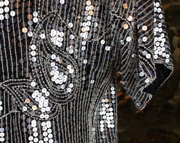 70s 80s Silver+ Black JLB Embellished Metallic Top