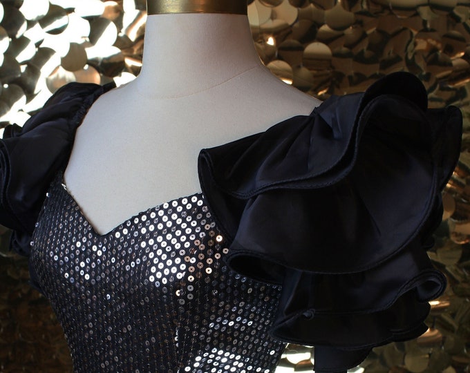 Black Silver Sequin Nadine Ruffle Sleeve Ballgown