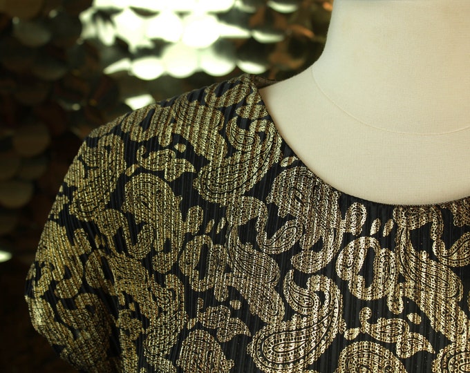 Black + Gold Trimmings Pleated Brocade Top