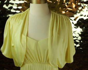 70s Yellow Vintage Canary Yellow Empire Waist Disco Dress + Butterfly Shrug/ VTG/ Empire Waist Maxi/Pleated Glam Pastel Sundress Daywear