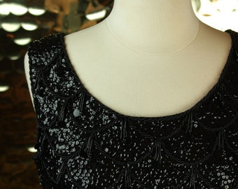 FANCY 60s 70s Vintage Famous Barr Co Black Beaded Fringe Top/ VTG/ Embellished Scallop Chevron Sleeveless Tank/ Cocktail Party Blouse