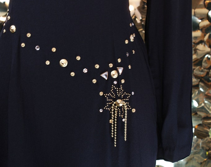 80s 90s Scarlett Black + Gold Rhinestone Studded Dress