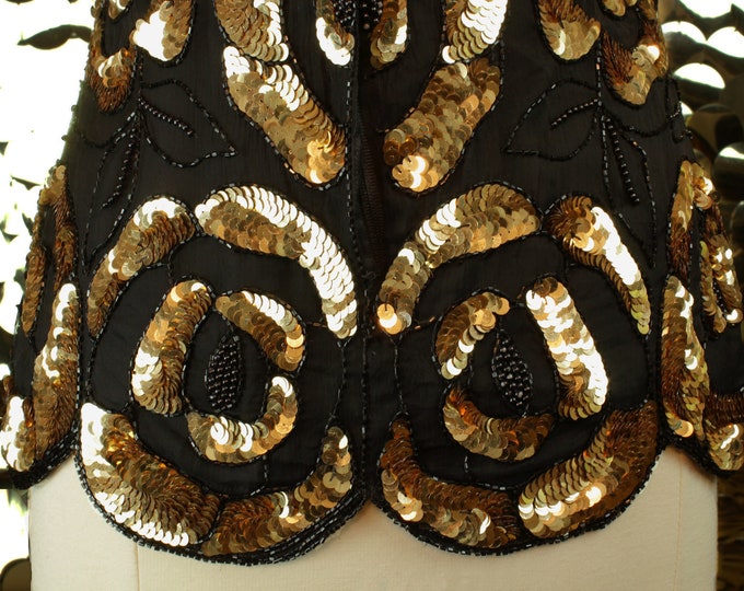 70s 80s Stenay Black+Gold Sequinned Rose Top