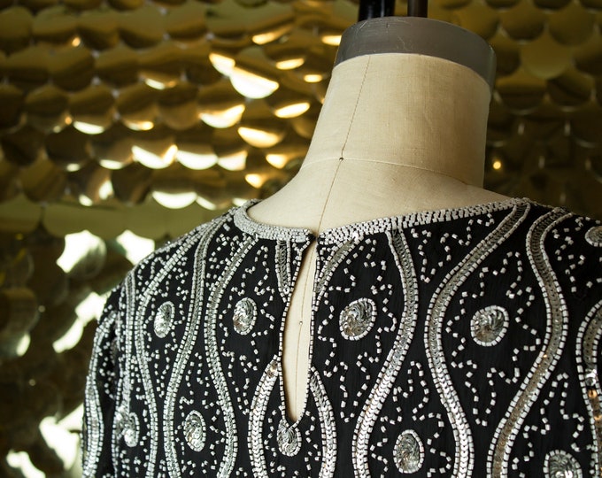 Jewel Queen Black + Silver + White Embellished L/S Party Top