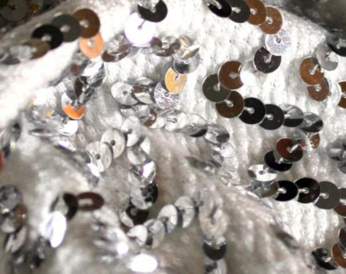 Silver Sequin Wave Pattern (Horizontal) on White Cotton Knit Fabric By The Yard
