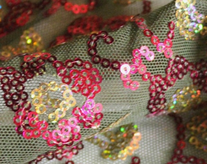 Hot Pink & Gold Floral Sequin Pattern on Olive Green Mesh Fabric