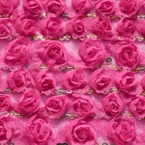 Hot Pink 3D Polyester Rosettes on Mesh/ BTY/ Fabric By The Yard/ Novelty Bridal Wedding/ Stretch Glam Netting/ Luxury Sequin/ 52 53&quot; Wide