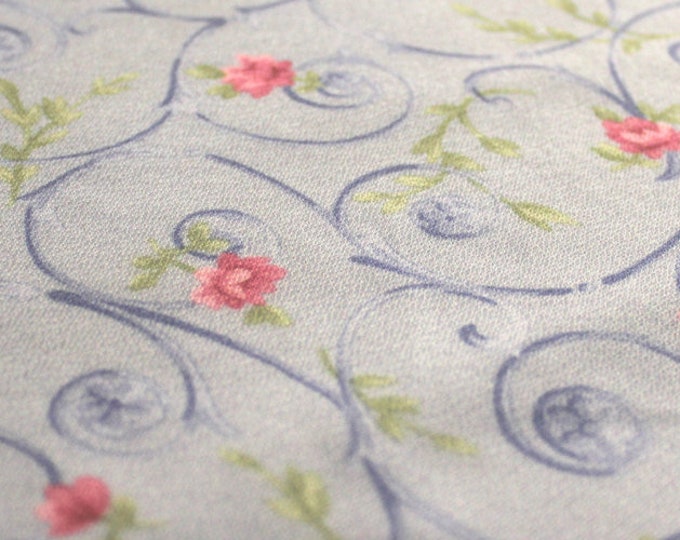 Whimsical Floral Print Pink + Green + Dark Blue on a Pale Blue Polyester