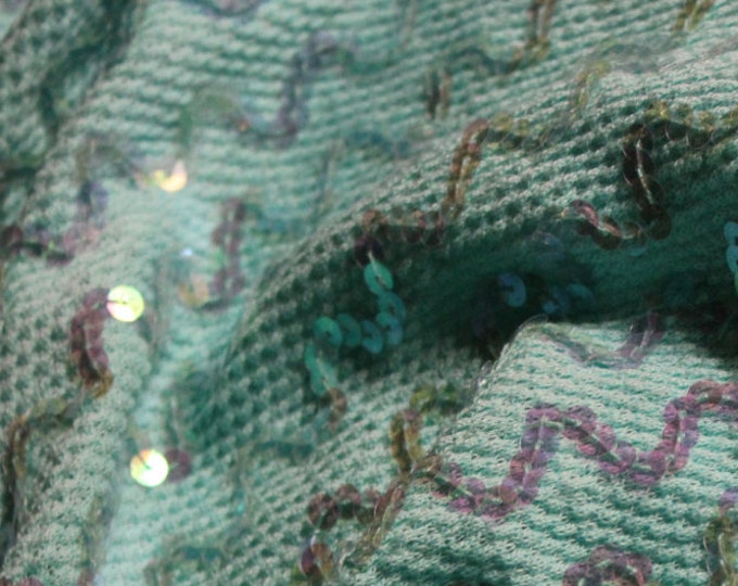 Iridescent Sequin Wave Stripe (Horizontal) on Mint Green Knit