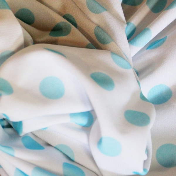 Turquoise Dots on White Knit/ Polka dot/ Rockabilly/ Summer fabric/ Poly cotton/ Fabric by the yard/ Medium dot/ Aqua dot/ Apparel fabric