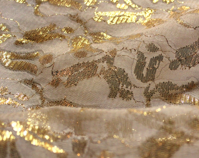 Gold Threads intertwined with White Lace/ 48" wide/ Poly/ Embroidery/ Bridal/ Leaves/ Special Occasion/ Formal/ By the yard/Brocade/Metallic