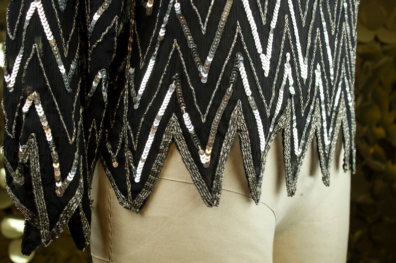 DAZZLING 80s Vintage Black Silver Top/ Long Sleeve Sequin - Etsy