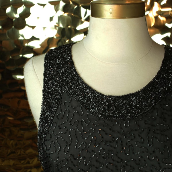 PLAYFUL 90s 00s Black Beaded Laurence Kazar Sheath Dress/ VTG/ Short Embellished Formal Gown/ Fitted Sleeveless Glam Prom Homecoming lbd